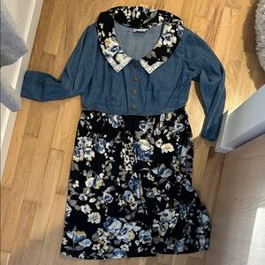 90s Denim Top Floral Midi Dress with Lace Collar